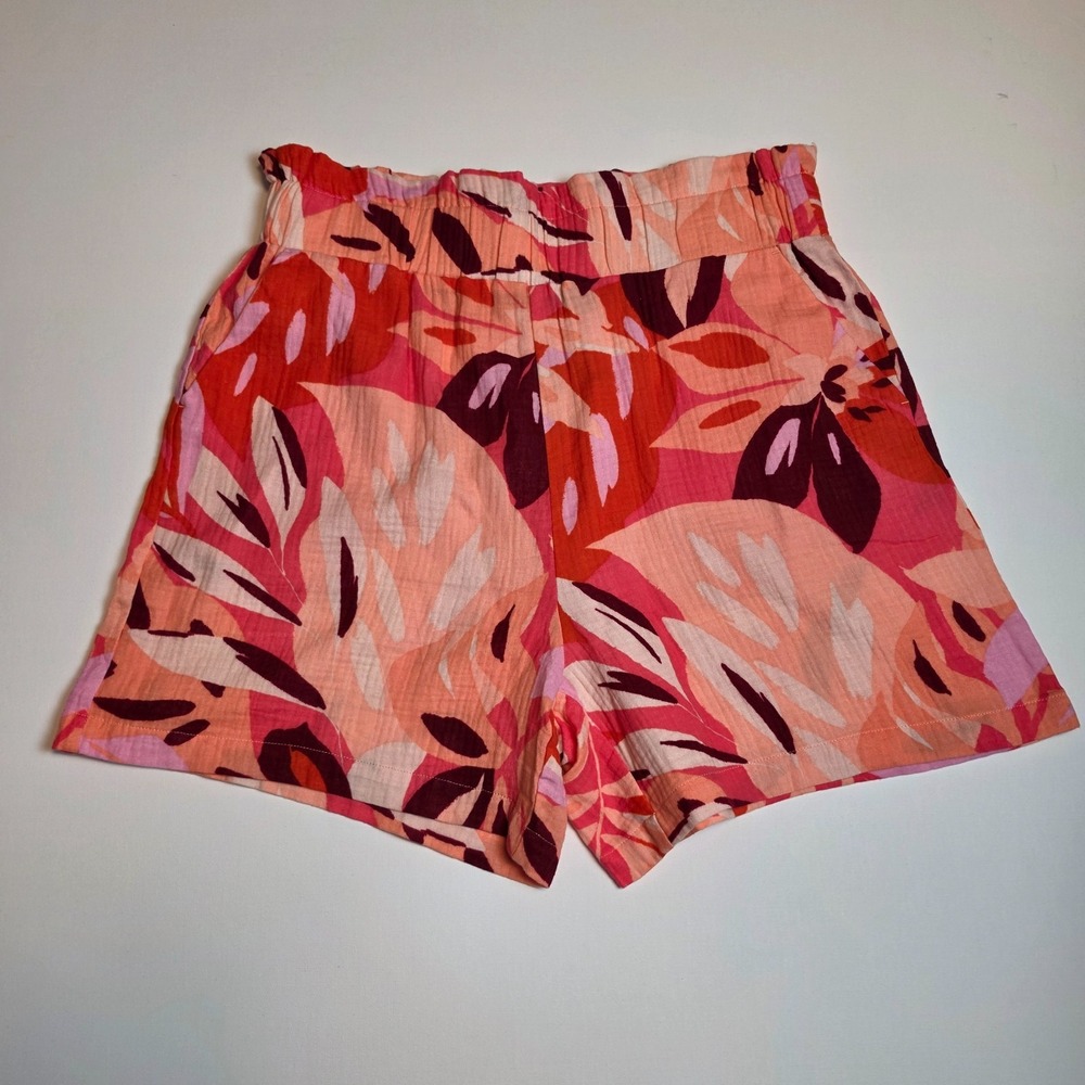 Ella Rafaella Tropical Leaf Gauze Pull On Shorts Pink Orange Large L